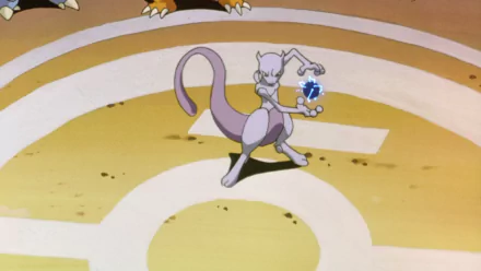 HD desktop wallpaper featuring Mewtwo from Pokémon: The First Movie in an intense battle stance, showcasing its psychic powers in vibrant anime style.