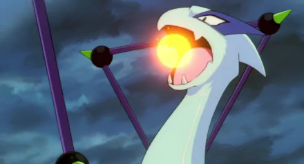 HD PC desktop wallpaper featuring Lugia from Pokémon: The Movie 2000 unleashing a fiery attack against a stormy sky backdrop.