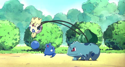 HD anime-style Pokémon desktop wallpaper featuring Pikachu’s Pikaboo, Azurill, Bulbasaur, and Togepi playing outdoors with lush trees in the background.