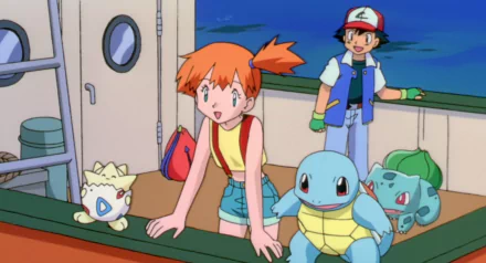 Ash, Misty, Bulbasaur, Squirtle, and Togepi from Pokémon: The Movie 2000 stand together on a boat at dusk in this HD anime desktop wallpaper.