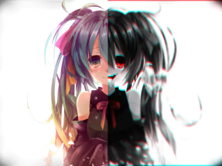 A striking HD wallpaper featuring Hatsune Miku, blending anime styles and colors, showcasing the iconic Vocaloid character with a dual-tone aesthetic.