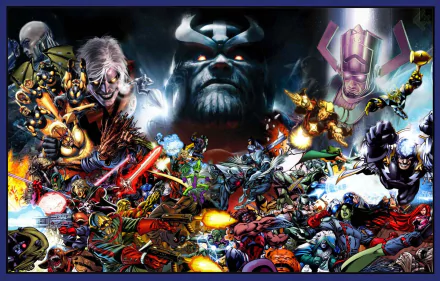 HD PC desktop wallpaper featuring a dynamic comic-style battle scene with Guardians of the Galaxy characters and cosmic villains.