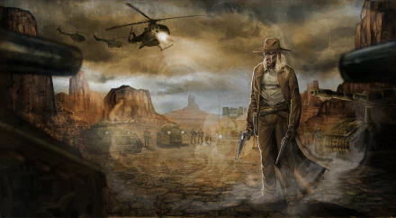 HD PC desktop wallpaper featuring the Saint of Killers from the Preacher comic, standing in a desolate western landscape with a helicopter overhead.