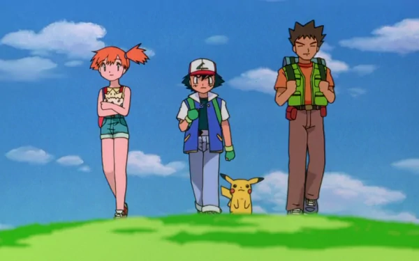 A vibrant HD wallpaper featuring Ash Ketchum, Misty, Brock, and Pikachu, set against a bright blue sky, inspired by Pokémon 4Ever: Celebi - Voice of the Forest.