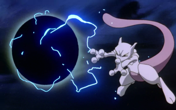 Mewtwo from Pokémon unleashes a powerful attack against a dark sphere, set against a dramatic background from Pokémon: The First Movie. HD desktop wallpaper showcasing iconic anime action.