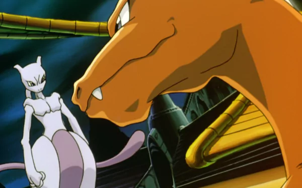 HD PC wallpaper featuring Charizard and Mewtwo from the anime Pokémon: The First Movie in a dramatic standoff scene.