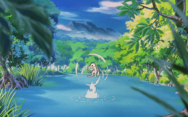 Mew (Pokémon) from Pokémon: The First Movie floats above a tranquil pond in a lush anime forest — HD PC desktop wallpaper and background.