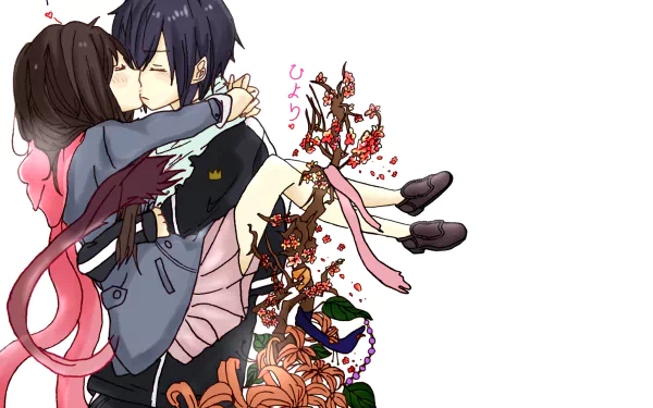 HD wallpaper featuring Yato and Hiyori Iki from the anime Noragami, depicting an affectionate embrace with intricate floral and ribbon elements in the background.