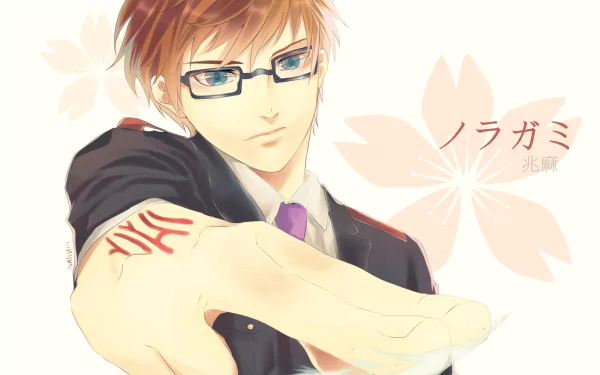 Kazuma from Noragami reaches out with determination against a soft floral background. This HD wallpaper captures his distinct style and character essence.