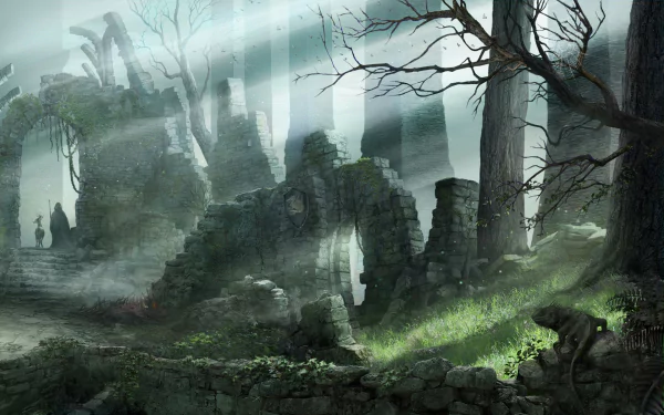 HD PC desktop wallpaper from the video game Demon's Souls — a misty ruined forest with crumbling stone walls, shafts of light, distant figures and a crouched wolf among gnarled trees.