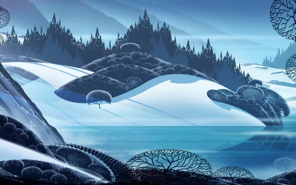 The Banner Saga video game 2K Quad HD PC desktop wallpaper: stylized blue snowy landscape with rounded trees, icy lake and jagged mountain silhouettes under a layered sky.