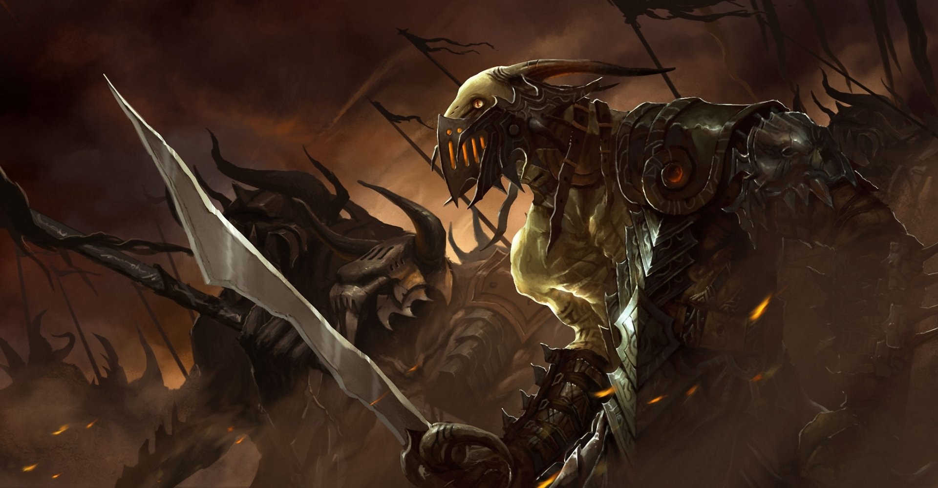 HD PC wallpaper depicting a dark warrior creature wielding a large sword in a shadowy, ominous battlefield setting.