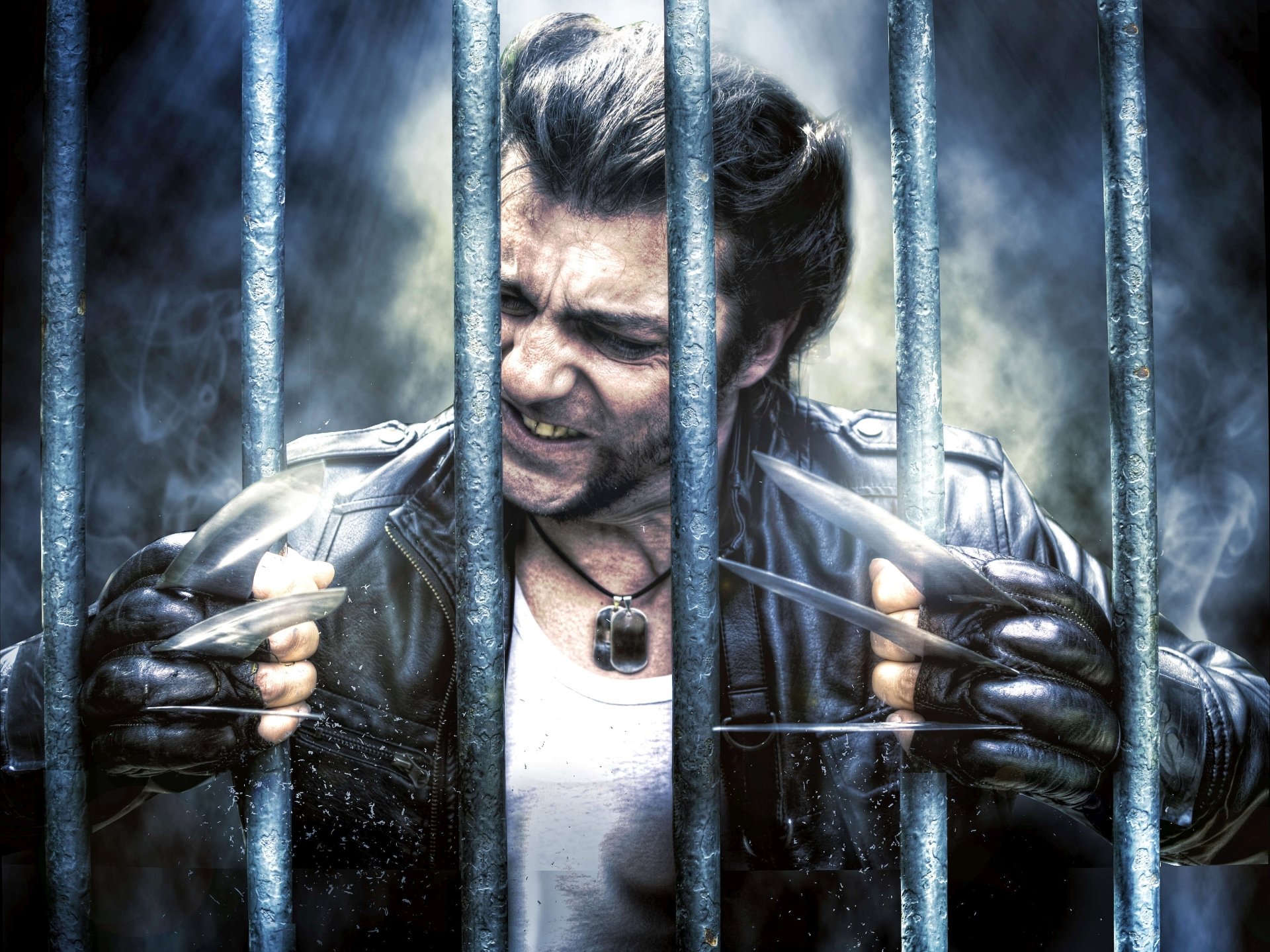 Comic-style Wolverine snarling behind prison bars, claws extended, dramatic lighting, 2K Quad HD PC desktop wallpaper/background.
