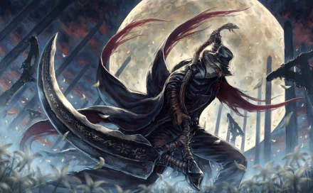 Fantasy HD wallpaper from the video game Bloodborne, featuring a cloaked figure wielding a large weapon under a full moon with dramatic scenery.