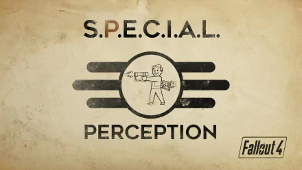 A vintage-style wallpaper featuring Vault Boy from Fallout 4, highlighting S.P.E.C.I.A.L. Perception with a playful illustration and iconic logo elements.