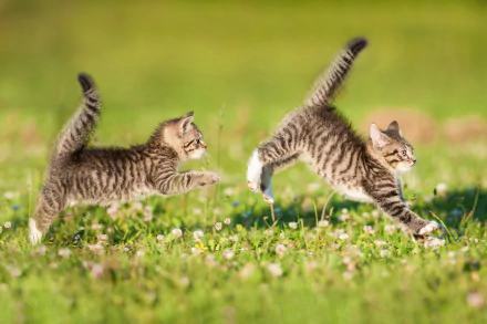 Two playful kittens are frolicking through a vibrant green field dotted with flowers, captured in a charming HD desktop wallpaper.