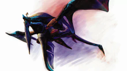 Panzer Dragoon Saga video game HD PC desktop wallpaper and background: painterly purple-blue dragon-like wyrm with a lone rider soaring against a soft white and pink sky.