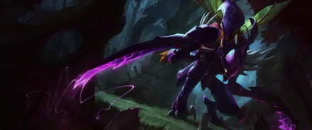 Kha'Zix from League of Legends stands poised in a dark, mystical forest, wielding his sharp, purple blade. This high-definition wallpaper captures the essence of the iconic video game character.