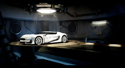 White Citroën GT concept car showcased in a futuristic, industrial setting. HD desktop wallpaper featuring the sleek Citroën vehicle on Level 52 platform.