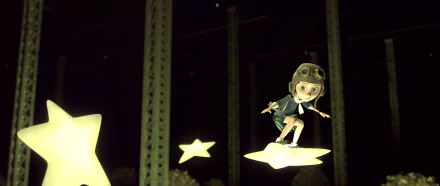 HD PC desktop wallpaper featuring a scene from the movie The Little Prince, showing the character flying on a glowing star against a dark background with tall structures.