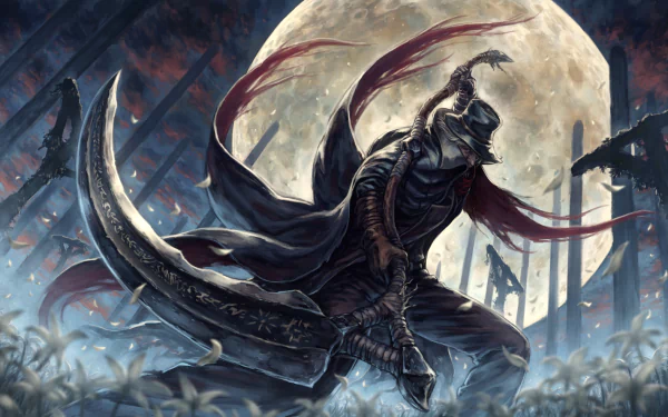 Fantasy HD wallpaper from the video game Bloodborne, featuring a cloaked figure wielding a large weapon under a full moon with dramatic scenery.