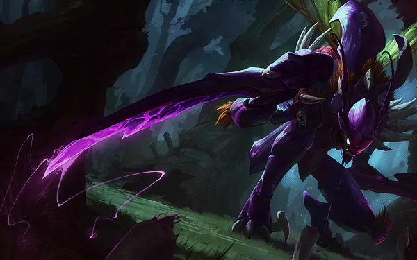 Kha'Zix from League of Legends stands poised in a dark, mystical forest, wielding his sharp, purple blade. This high-definition wallpaper captures the essence of the iconic video game character.