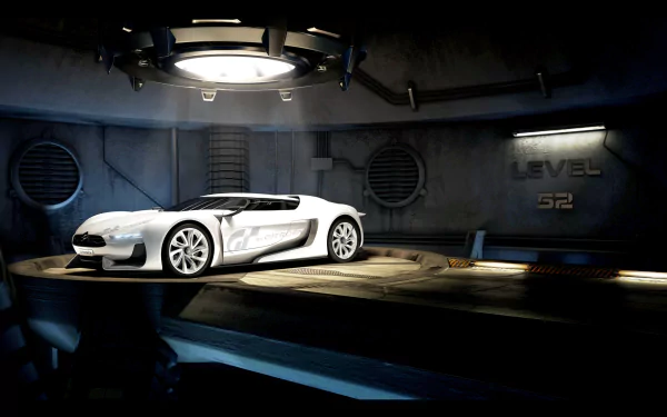 White Citroën GT concept car showcased in a futuristic, industrial setting. HD desktop wallpaper featuring the sleek Citroën vehicle on Level 52 platform.
