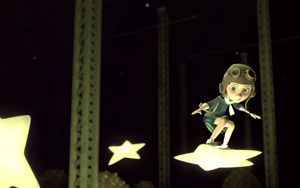 HD PC desktop wallpaper featuring a scene from the movie The Little Prince, showing the character flying on a glowing star against a dark background with tall structures.