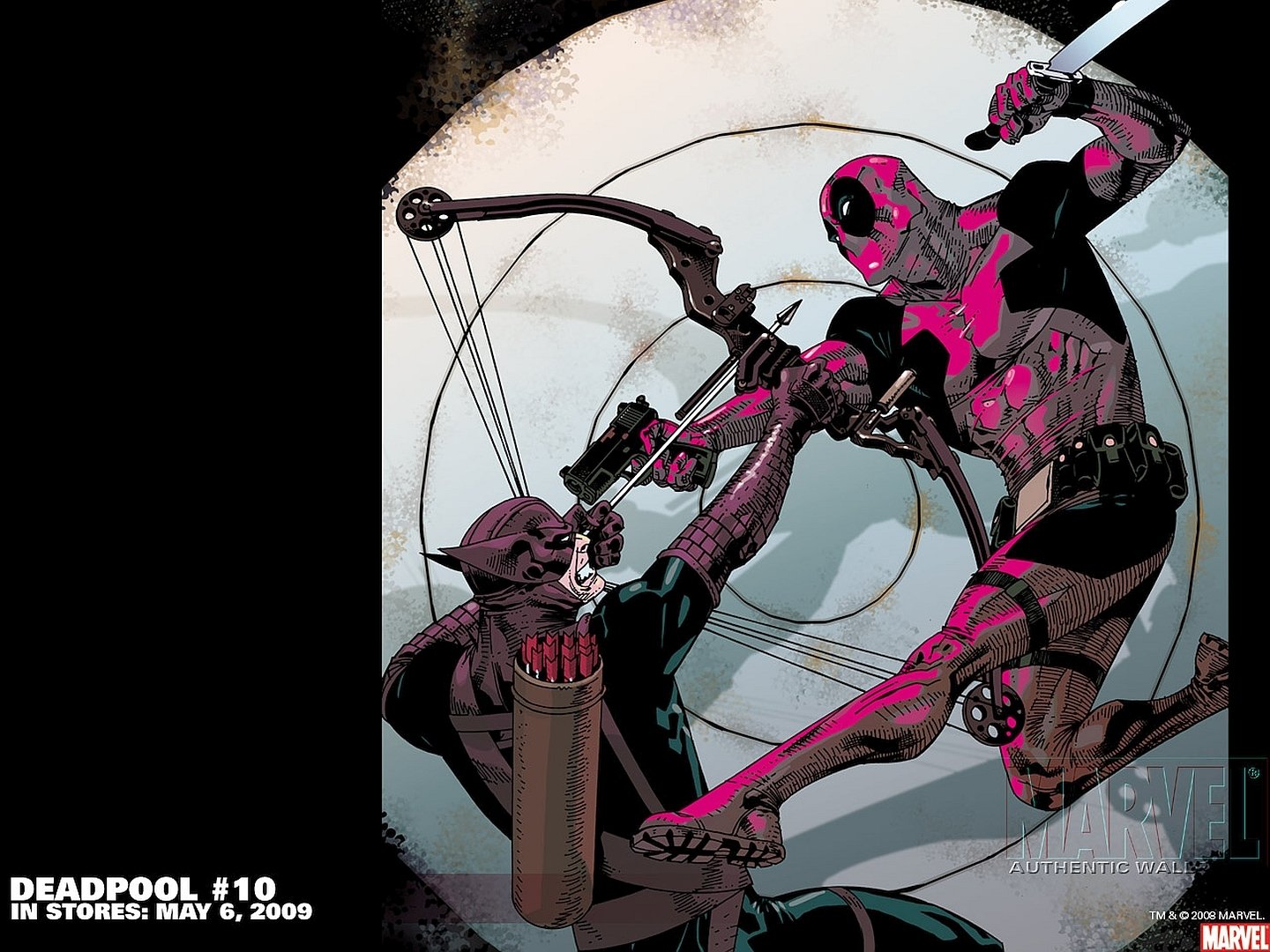 A dynamic HD wallpaper featuring Deadpool, the Merc with a Mouth, in a fierce comic battle, showcasing vibrant colors and intense action against a bold backdrop.
