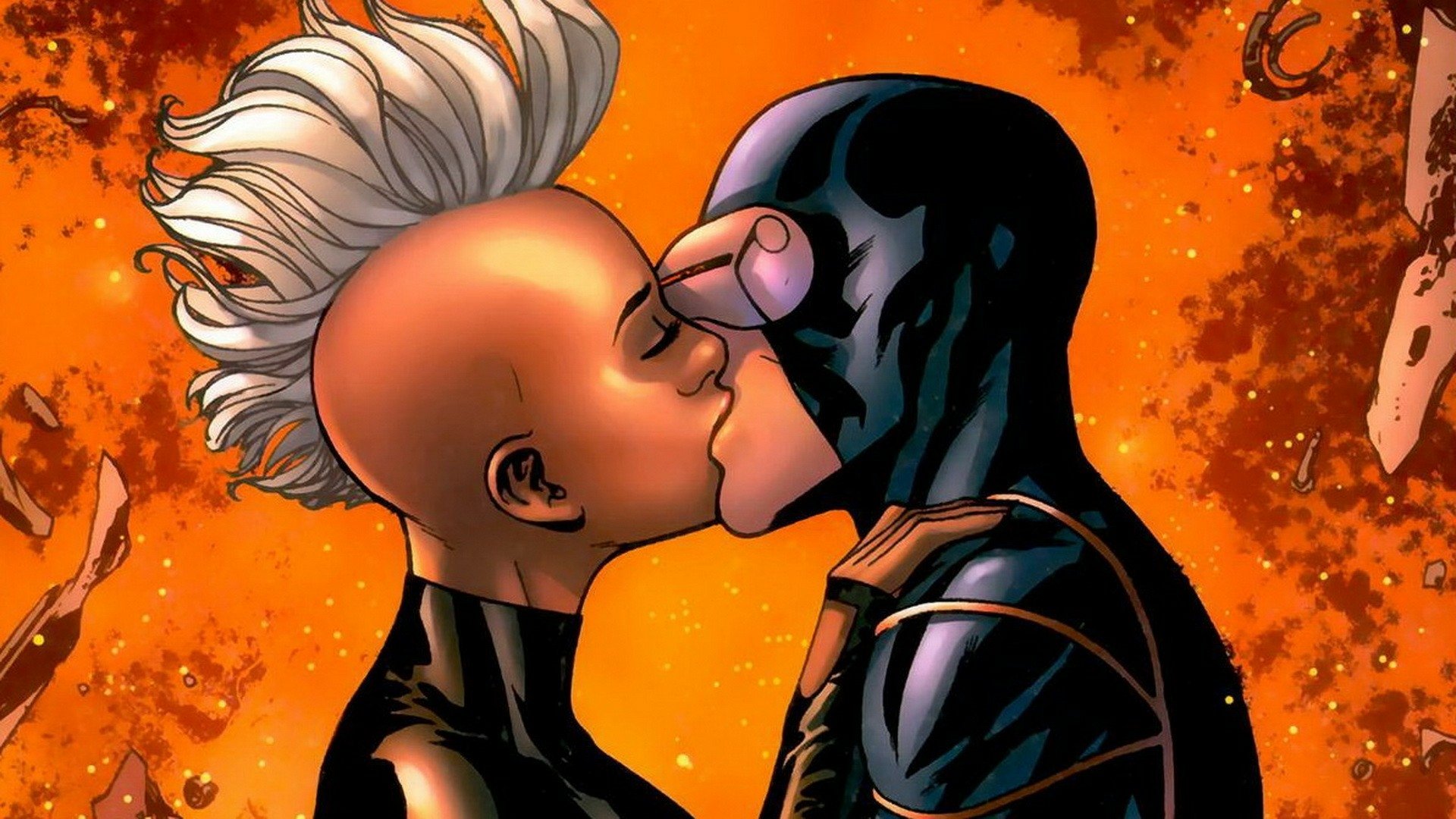 HD PC desktop wallpaper: comic image of Storm (Marvel Comics) with mohawk kissing Cyclops (Marvel Comics) from X-Men: Apocalypse, fiery orange backdrop.