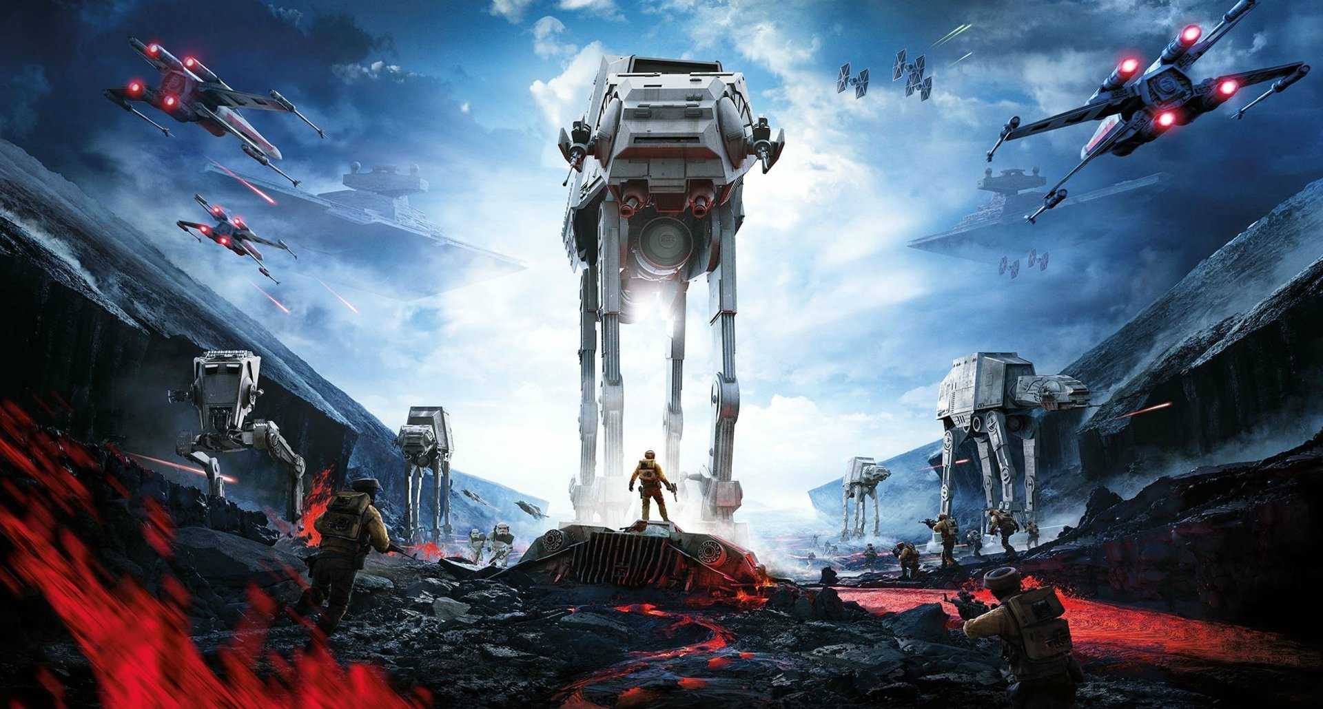 A dynamic HD wallpaper featuring AT-AT Walkers from Star Wars Battlefront (2015), set against a dramatic sky with X-wing fighters and ground troops engaged in battle.
