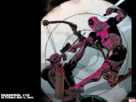 A dynamic HD wallpaper featuring Deadpool, the Merc with a Mouth, in a fierce comic battle, showcasing vibrant colors and intense action against a bold backdrop.