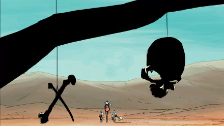 Comic-style East Of West HD PC desktop wallpaper background: tiny figures in a vast desert under giant silhouetted hanging skull and crossed bones against a turquoise sky