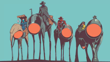 Comic-style East of West HD PC desktop wallpaper: six elongated, masked riders on spindly legs with glowing orange faces against a teal sky, minimalist Western sci‑fi composition.