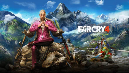 HD PC desktop wallpaper featuring Pagan Min from the video game Far Cry 4, set against a mountainous backdrop with vibrant colors and detailed scenery.