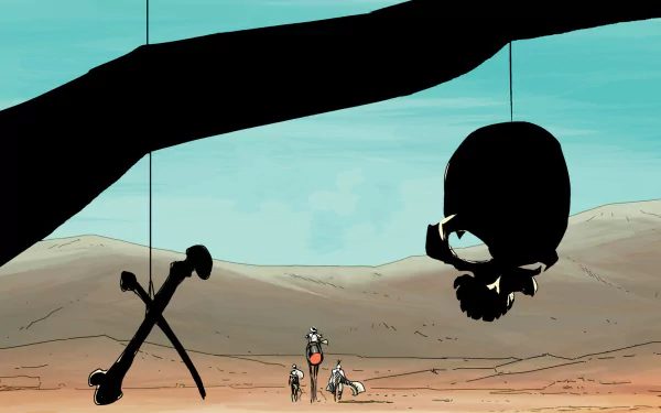 Comic-style East Of West HD PC desktop wallpaper background: tiny figures in a vast desert under giant silhouetted hanging skull and crossed bones against a turquoise sky
