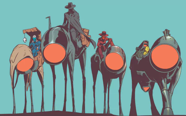 Comic-style East of West HD PC desktop wallpaper: six elongated, masked riders on spindly legs with glowing orange faces against a teal sky, minimalist Western sci‑fi composition.
