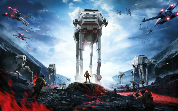 A dynamic HD wallpaper featuring AT-AT Walkers from Star Wars Battlefront (2015), set against a dramatic sky with X-wing fighters and ground troops engaged in battle.
