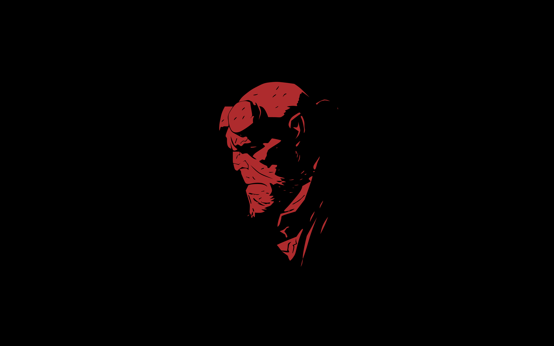 HD PC desktop wallpaper featuring a dark, minimalist comic-style portrait of Hellboy in deep red and black tones.
