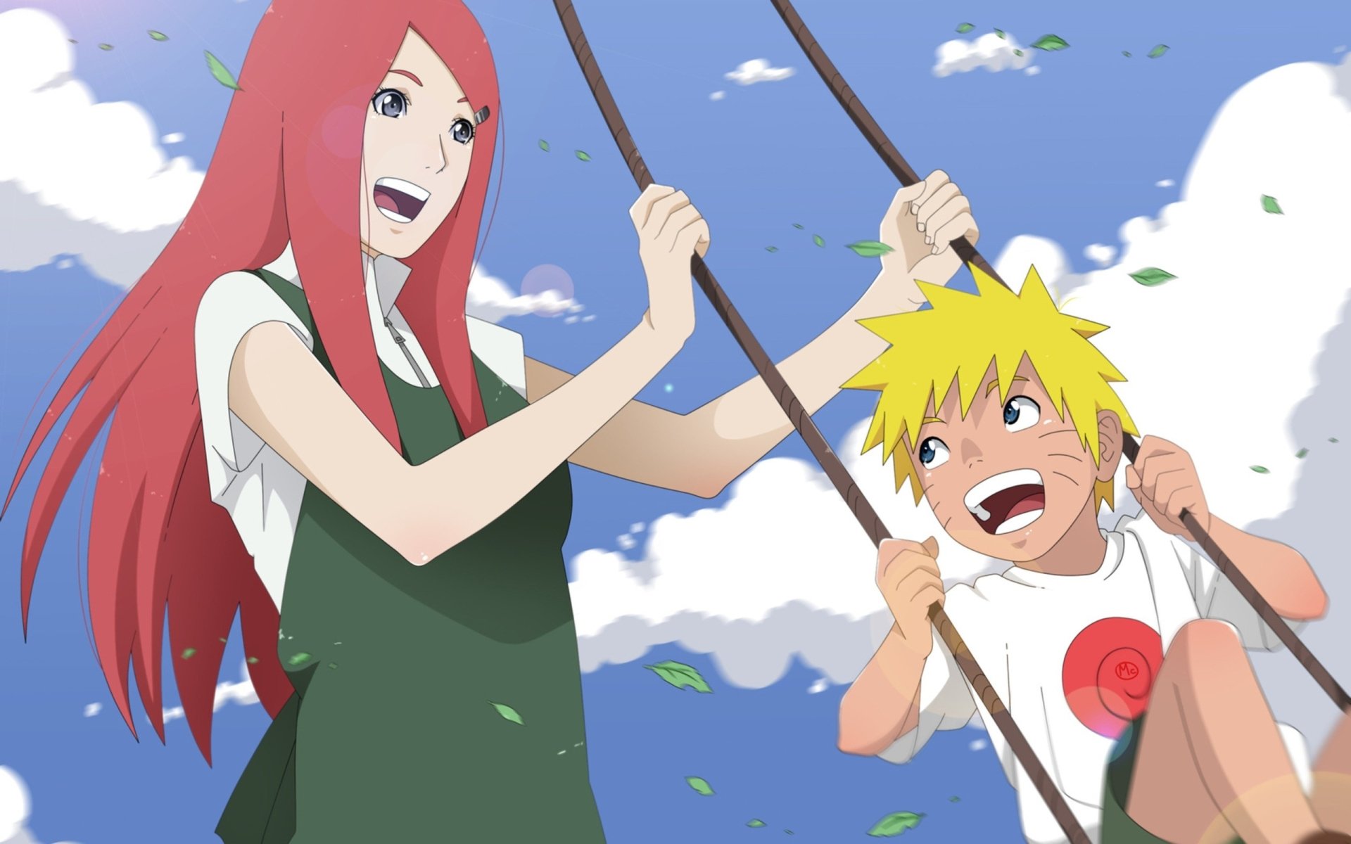 A joyful scene of Naruto Uzumaki playing on a swing with his mother, Kushina Uzumaki, set against a bright blue sky filled with fluffy clouds. Anime-style artwork creates a vibrant atmosphere.