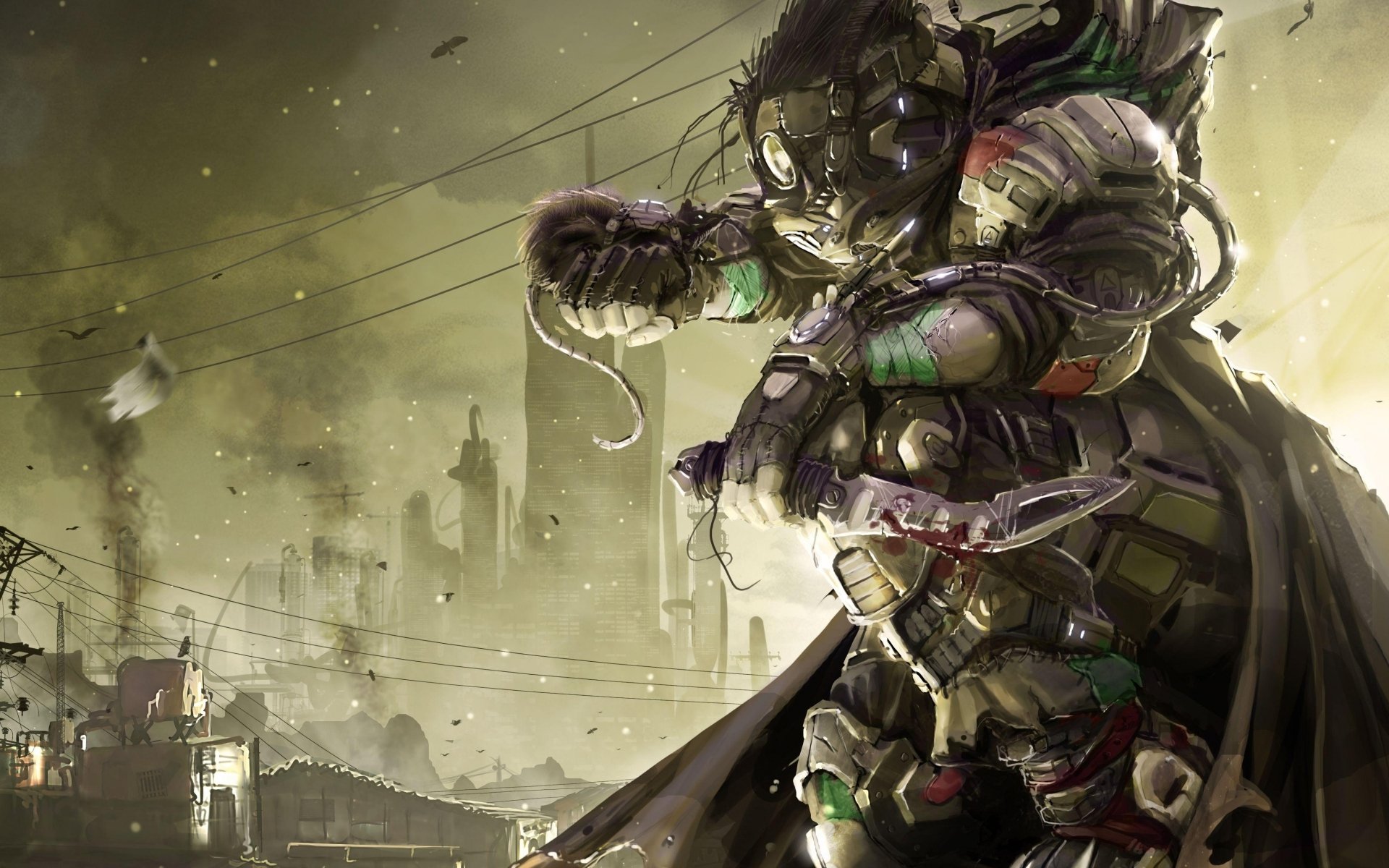 A powerful sci-fi warrior stands ready for battle amidst a dystopian landscape, wearing advanced armor in a striking HD desktop wallpaper that captures the essence of futuristic conflict.