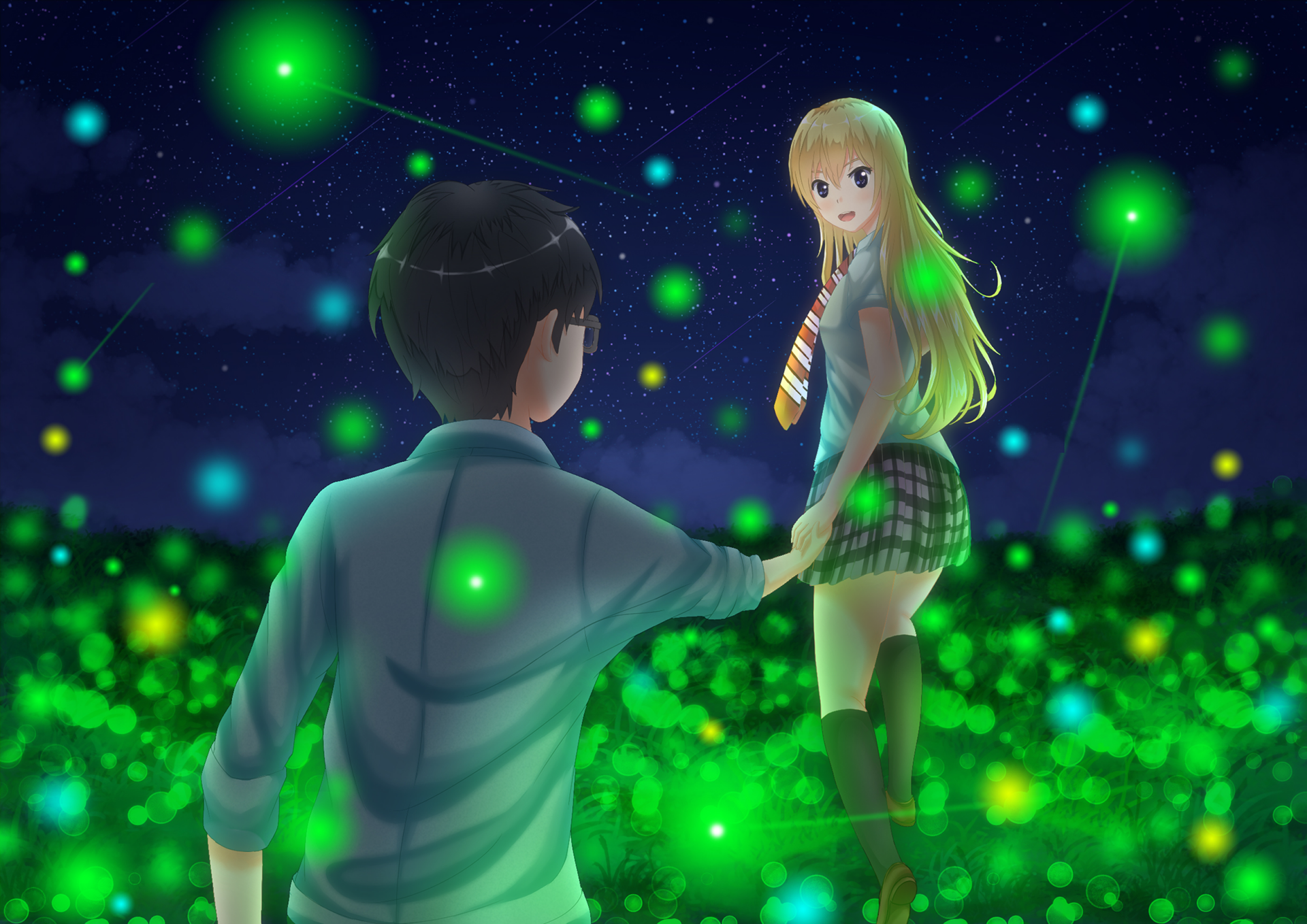 A vibrant HD wallpaper featuring Kousei Arima and Kaori Miyazono from the anime Your Lie in April, set against a backdrop of glowing lights and a starry night.