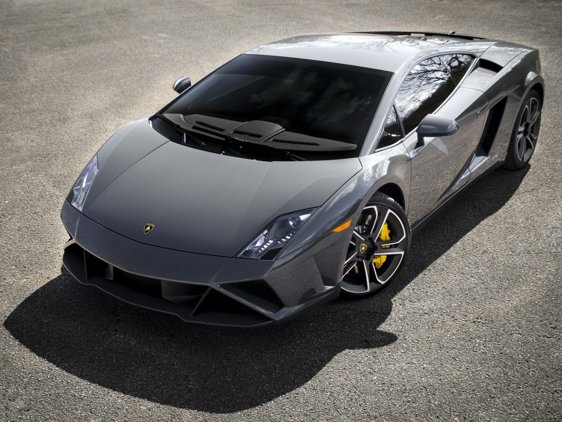 High-definition PC desktop wallpaper featuring a sleek grey Lamborghini Gallardo LP560-4 sports car parked on asphalt, showcasing its sharp design and luxury vehicle appeal.