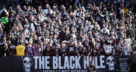 HD desktop wallpaper featuring a packed crowd of Las Vegas Raiders fans dressed in team colors, creating an intense and energetic sports atmosphere.