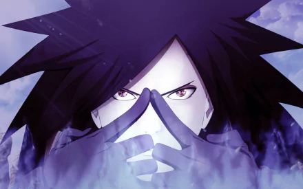 HD desktop wallpaper of Madara Uchiha from the anime Naruto, showcasing intense eyes and a powerful stance amid a mystical blue aura.