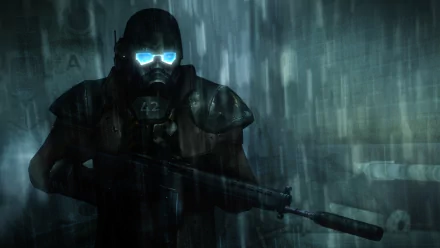 HD PC desktop wallpaper featuring a Fallout: New Vegas character in futuristic armor with glowing blue goggles, holding a silenced rifle in a dark, rain-soaked environment.