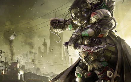 A powerful sci-fi warrior stands ready for battle amidst a dystopian landscape, wearing advanced armor in a striking HD desktop wallpaper that captures the essence of futuristic conflict.