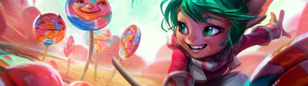 HD PC desktop wallpaper featuring Poppy from the video game League of Legends, showcasing her vibrant expression and colorful lollipops in a dynamic background.