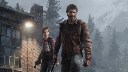HD wallpaper featuring characters Joel and Ellie from the video game The Last Of Us, set against a post-apocalyptic backdrop with a moody atmosphere.