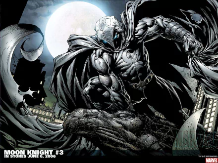 HD PC desktop wallpaper featuring Moon Knight in a dramatic comic scene under a bright full moon with flowing cape and cityscape background.